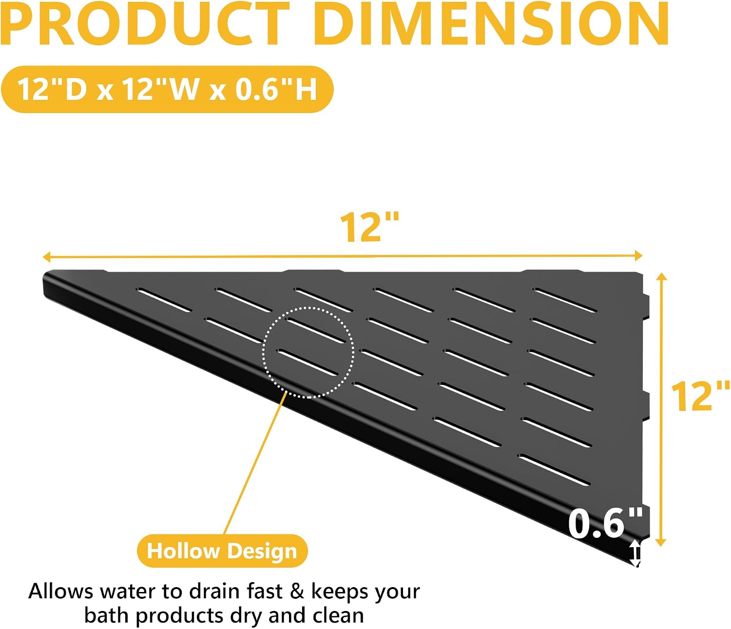 Neodrain 12 Inch Black Corner Wall Shelf for Tile Wall Insert, Set of 2