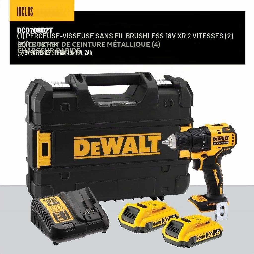 DEWALT Perceuse-visseuse compacte XR 18V avec 2 batteries de 2,0 Ah, DCD708D2T-QW