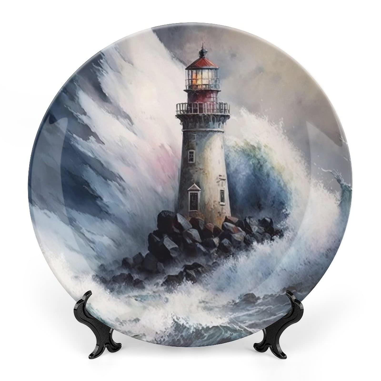 Gokays Decorative Plates, Watercolor Lighthouse Painting Ceramic Plate, Wobble-Plate with Display Stand, Home Decor for Living Room Bedroom, Farmhouse Wall Hanging Round Plate Sign 8 Inch