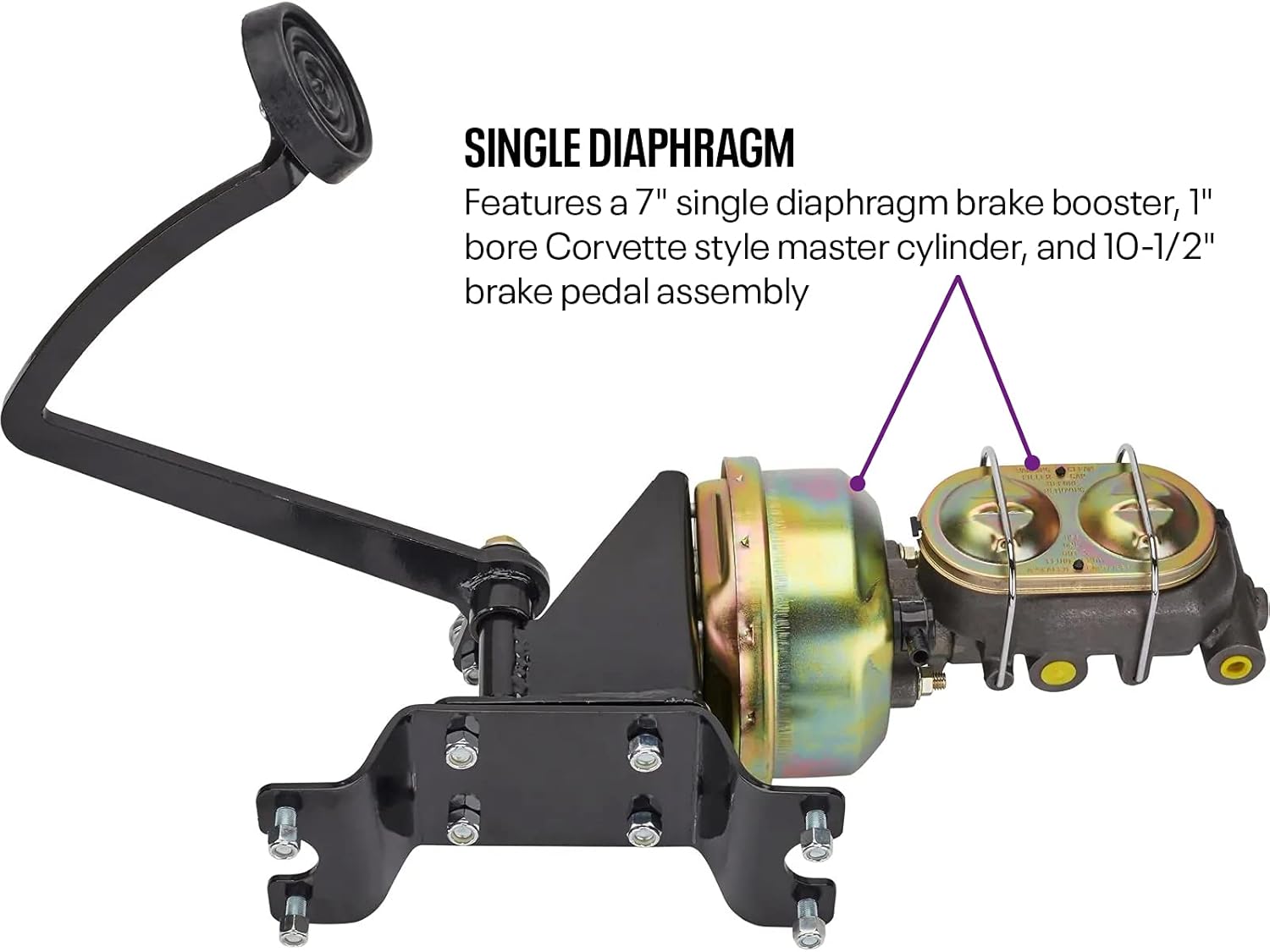 Universal 7" Brake Booster and 1" Master Cylinder Kit for Early Hot Rods and Trucks: Frame-Mounted, Fits Auto Transmission, Dual Reservoir, 6:1 Pedal Ratio, Under Floor Power Brake Conversion