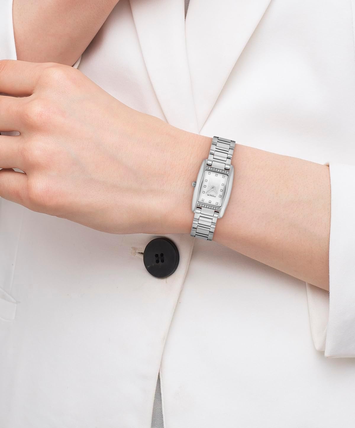 COACH Women's Reese 2H Quartz Watch, Petite Rectangle Case, Stainless Steel Link Bracelet with Crystal Accents, Timeless Minimalism for Every Day - Gift for Her - Image 4