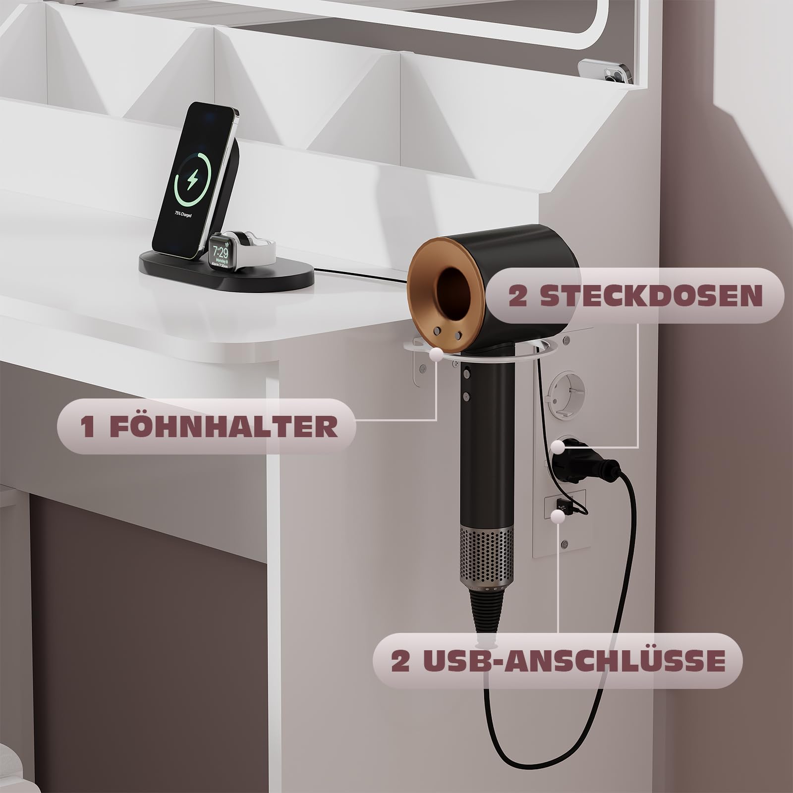 JUMMICO Schminktisch mit Spiegel und Licht, Eck Schminktisch L Hocker mit Beleuchtung LED 3 Farben, Make Up Table 120 breit mit 5 Schubladen und Steckdosen, Weiß