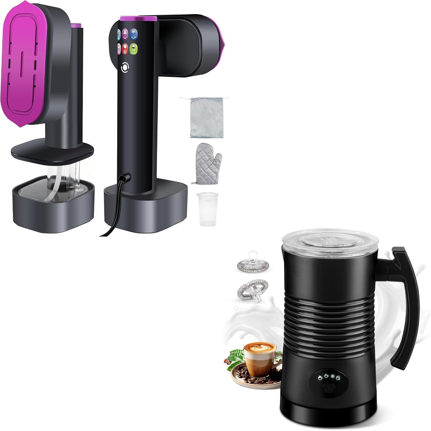 Travel Steam Iron & Electric Milk Frother Bundle – 2-in-1 Garment Steamer with LED Display + Hot & Cold Foam Maker for Latte, Cappuccino & Coffee