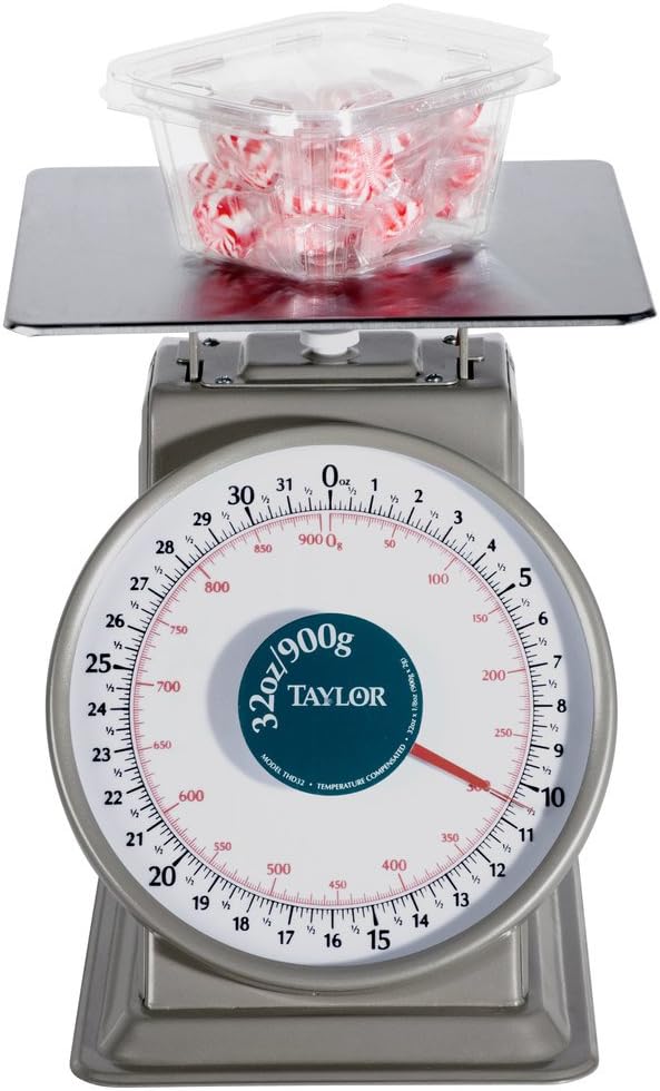 TaylorPrecision THD32D Mechanical Scale, Analog, dial Type, 32 oz. x 1/8 oz./900 g x 2 g Capacity, Heavy Duty, top Loading Counter Model, Fixed dial, sloped face, 9" x 9" Stainless Steel Platform