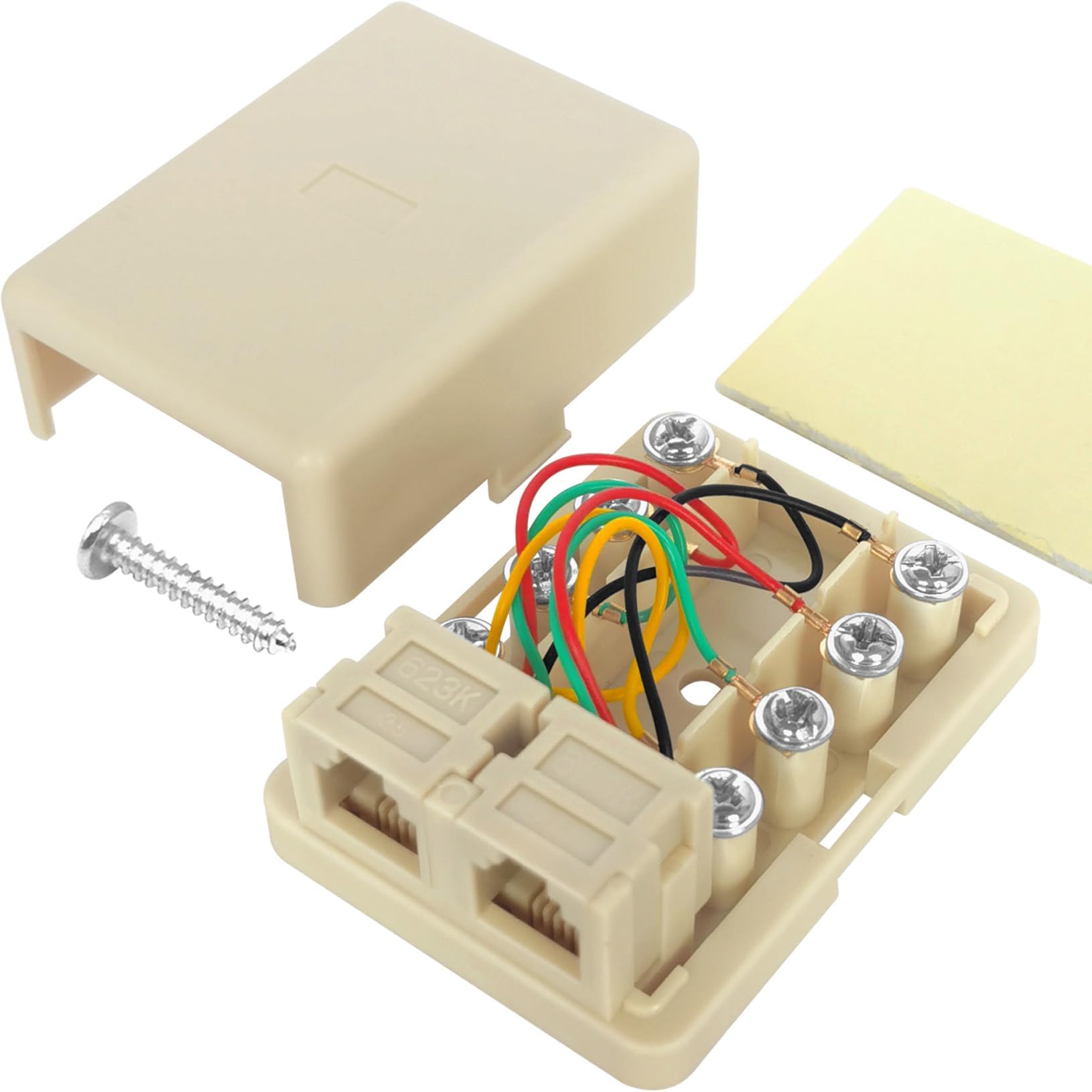 NECABLES Phone Jack Surface Mount Dual Port for 2 Phone Line Telephone Jack Box 8 Screw Terminals to 2 RJ11 6P4C Female Ivory