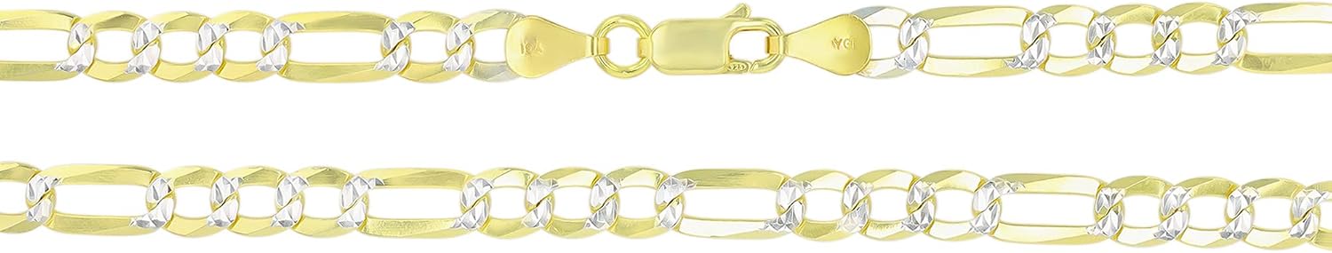 14K Gold or Rhodium Plated Silver Figaro Diamond Cut Pave Chain For Men | 1mm-13mm Thick | Solid 925 Figaro Italian Necklaces For Men