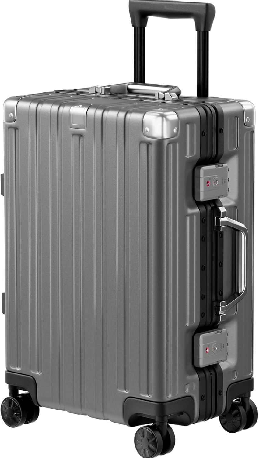 Krute Carry On Luggage 20 inch Aluminum Frame Luggage with Spinner Wheels Hardshell No Zipper PC+ABS TSA Lock Zipperless Suitcases Gray Carry-on (20 Inch)