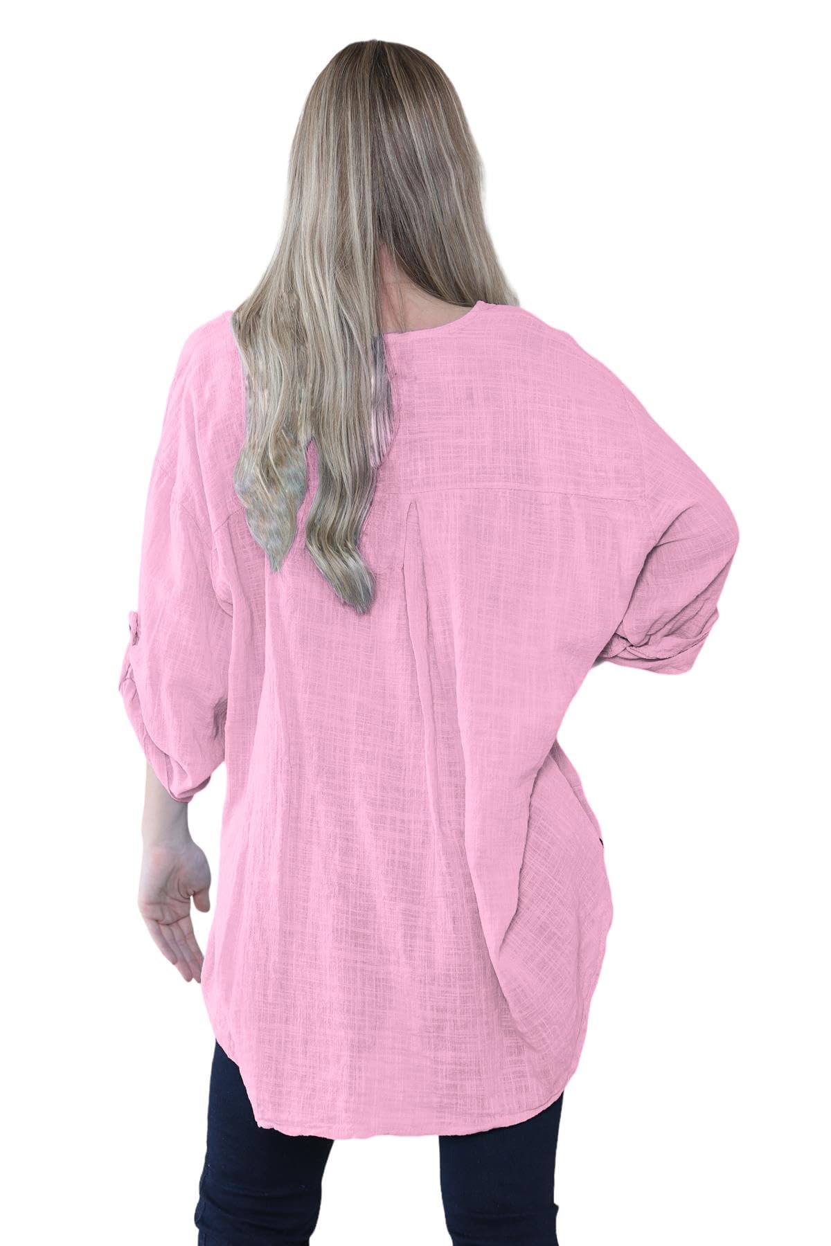 janisramone® Top italiano con maniche a 3/4 da donna, con chiusura a bottone, scollo rotondo, top estivo da donna, in lino/cotone, vestibilità larga, camicetta casual da donna