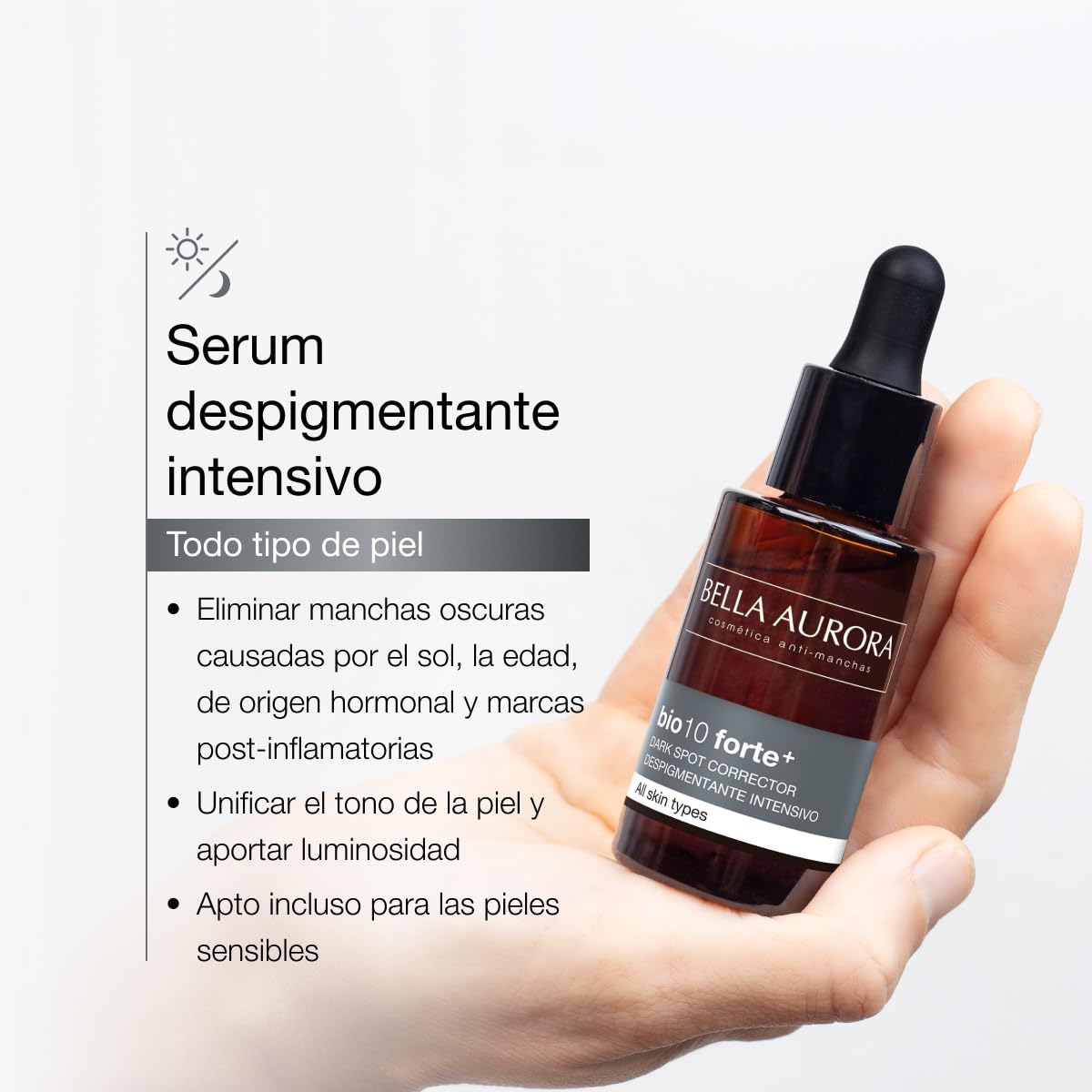 Bella Aurora BIO10 FORTE+ Serum depigmentujące z kroplomierzem, redukuje ciemne plamy słoneczne, stare i hormonalne, z kwasem traneksamowym i witaminą C, ochrona przed promieniowaniem UVA, UVB, IR i