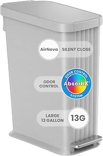 iTouchless SoftStep 50 L / 13.2 Gal Slim Step Pedal Kitchen Trash Can with Odor Filter, Indoor Recycling Bin Durable Dent-Proof Stainless Steel Trim Garbage Bin with Lid Home Office Stone Gray Plastic