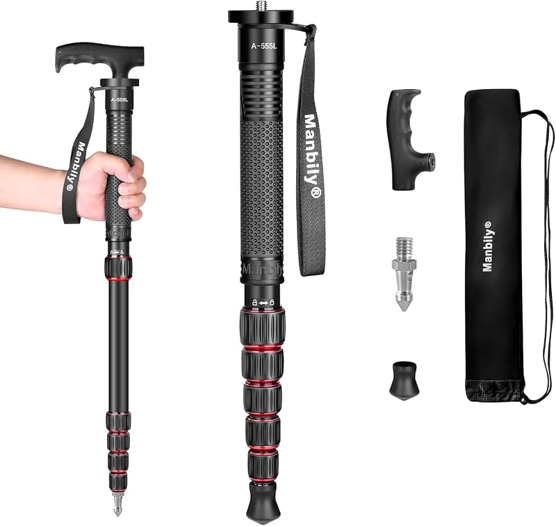 Monopié para cámara Monopié de viaje ligero, compacto y portátil de aluminio con bolsa de transporte y asa para bastón, para videocámara DSLR Canon Nikon Sony, 6 secciones de hasta 61 pulgadas (A-555L)