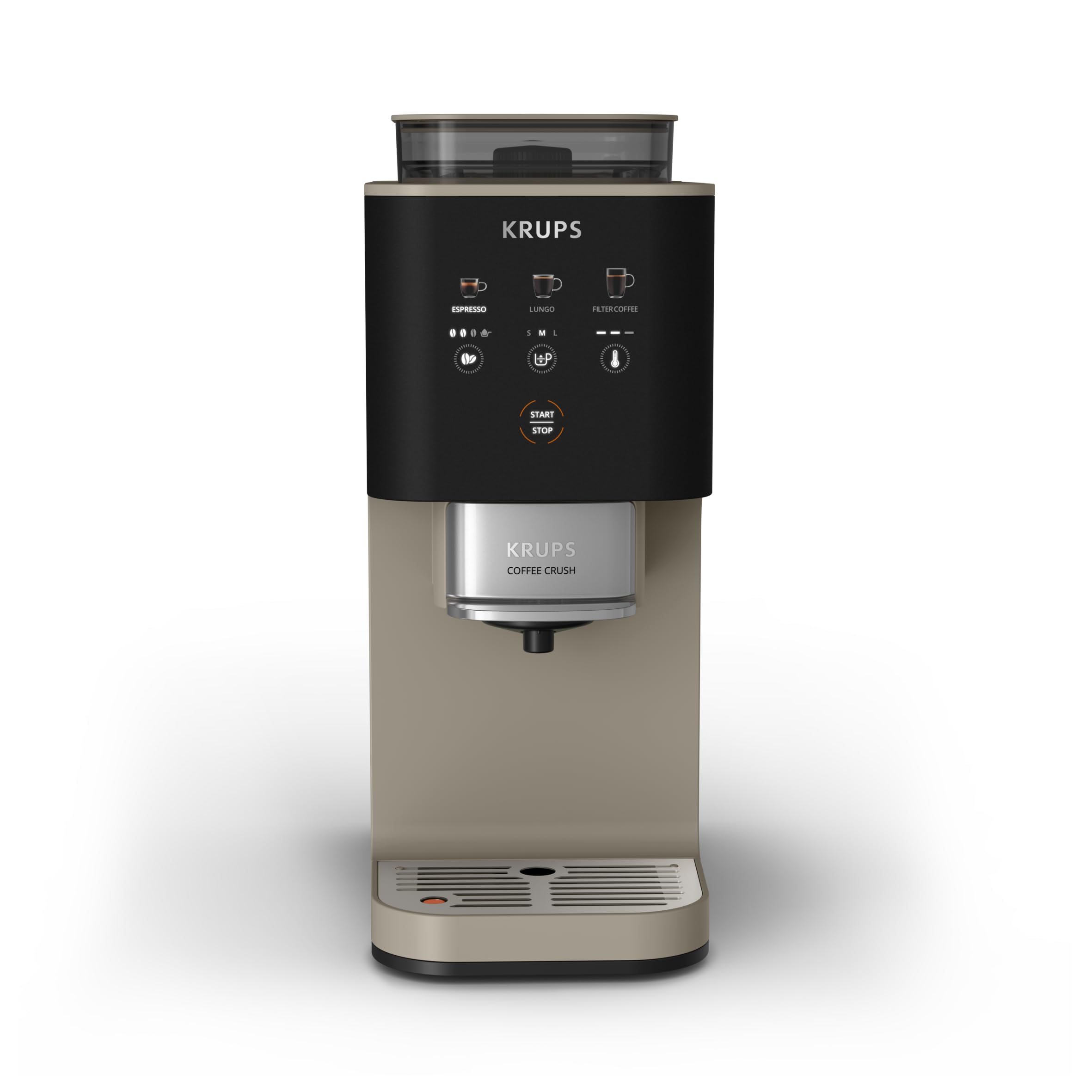 Krups Coffee Crush SA402AE0 Ekspres do kawy ciśnieniowy kolbowy z młynkiem, młynek ze stali nierdzewnej, tylko 15 cm szerokości, inteligentny panel sterowania, ciśnienie 15 barów