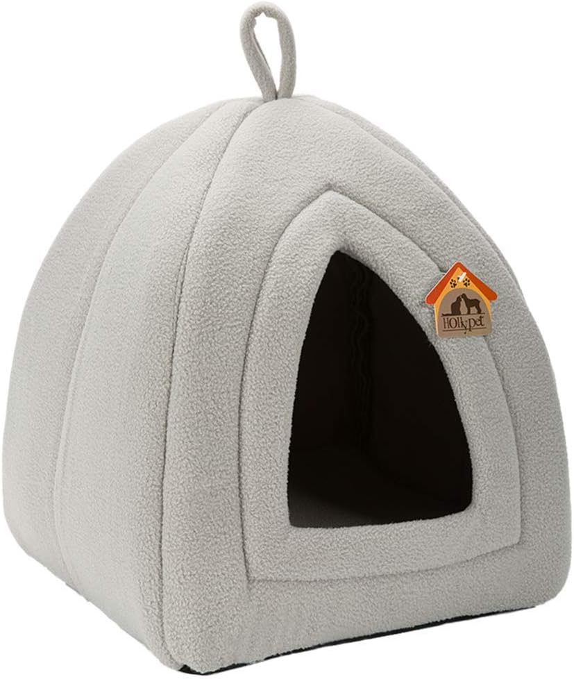 Hollypet Self-Warming 2 in 1 Foldable Comfortable Triangle Cat Bed Tent House, Light Gray