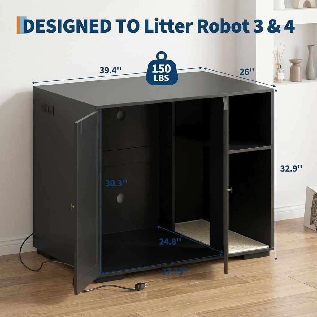Large Litter Box Enclosure Cabinet for Litter Robots, Cat Litter Furniture with Dog-Proof Shelf and Built-in Power Outlet, 5 Ft Power Cord, Fits Most Self-Cleaning Litter Boxes, Black