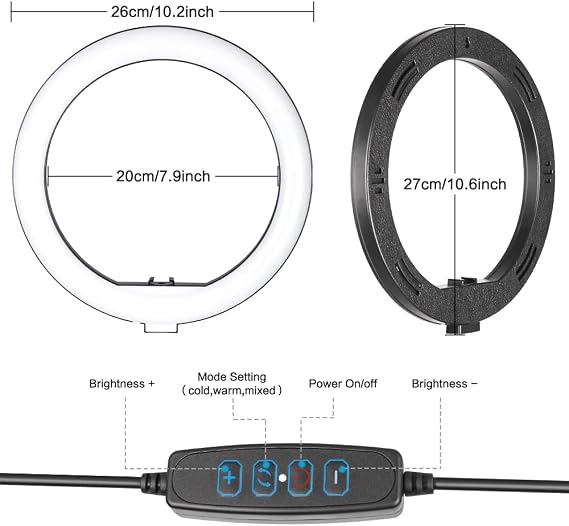 Coverzone 10 inch Youtuber LED Illuminated Ring Phone Holder 10 inch 26 cm Selfie/Publisher/Makeup Light 210 cm Tripod F08