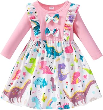 RETSUGO Little Girls Long Sleeve Dresses Print Splicing Ruffles Bowknot Girls A-line Dress