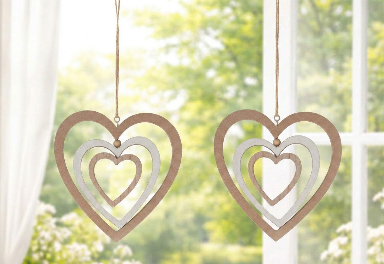 2er Set Girlande Herz Hänger Dekohänger Fenster Fensterhänger Frühling Herzen Ostern Holz Windspiel Mobile Holzherz (Herzen Set)