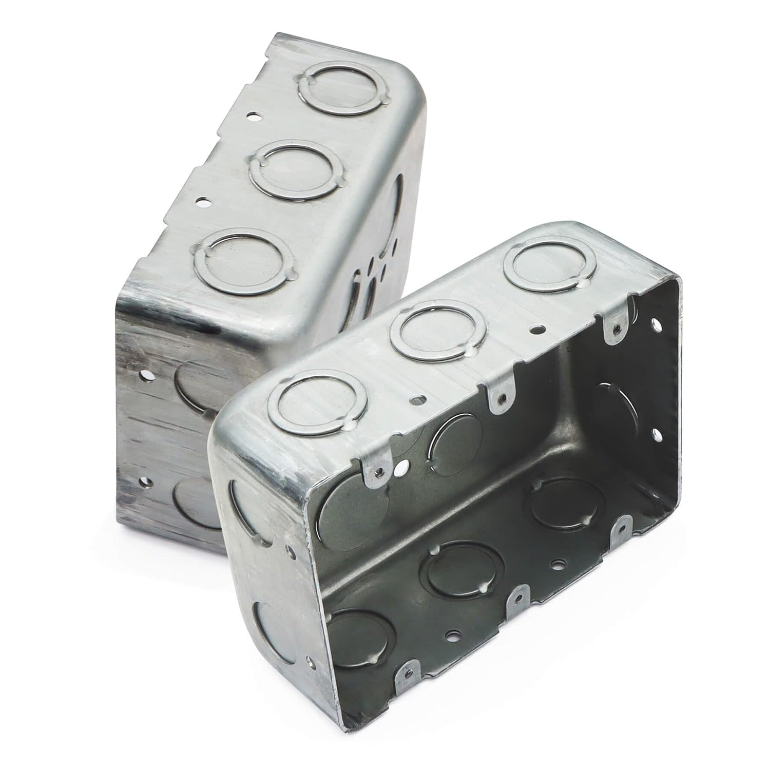 5 Packs Three Gang Multi Device Switch Box, 5.8" L X 4.1" W, 2.2" Deep Metal Electrical Box, 6-TKO's & 4-1/2"KO's Side KO, 2-1/2" & 2-3/4" Bottom KO, Raised Gound Hump, Galvanized