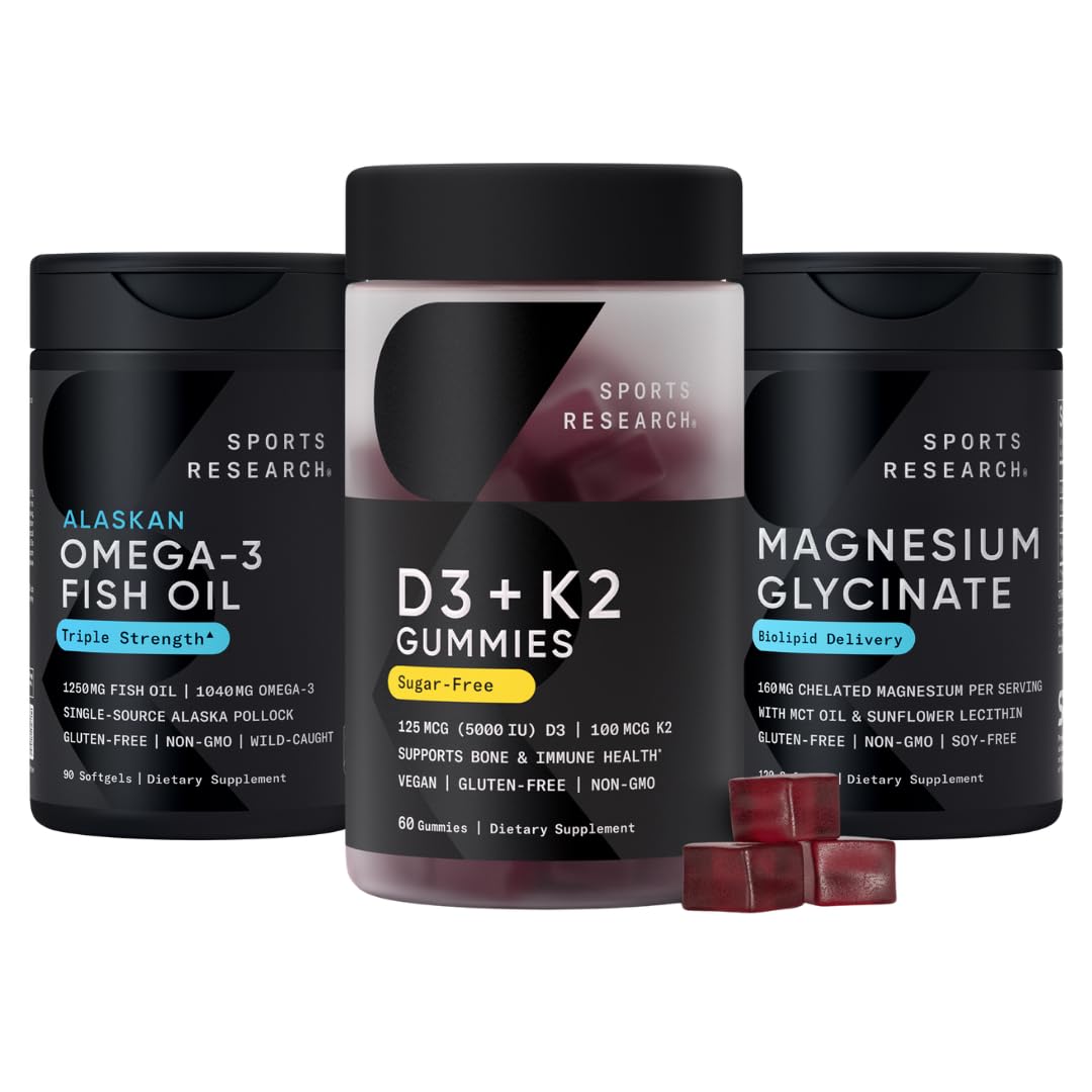 Sports Research® Multivitamin Pack - Vegan Vitamin D3 + K2 Sugar-Free Gummies, Alaskan Omega-3 Fish Oil 1250mg, and Chelated Magnesium Glycinate 160mg