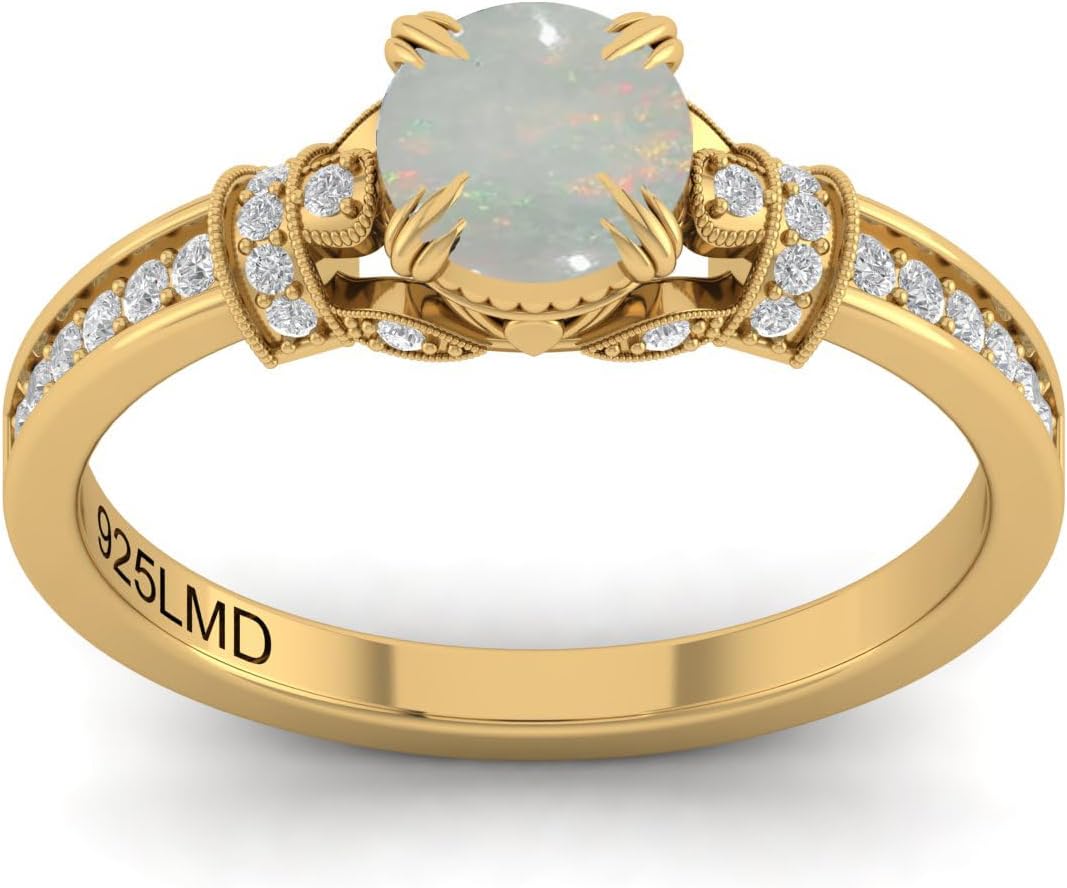 6MM Round Natural Multi Color Fire Opal Gemstone Ring 0.90 Carat, 22K Gold Plated Vermeil 925 Sterling Silver Handmade Jewelry for Women, October Birthstone Engagement or Promise Ring