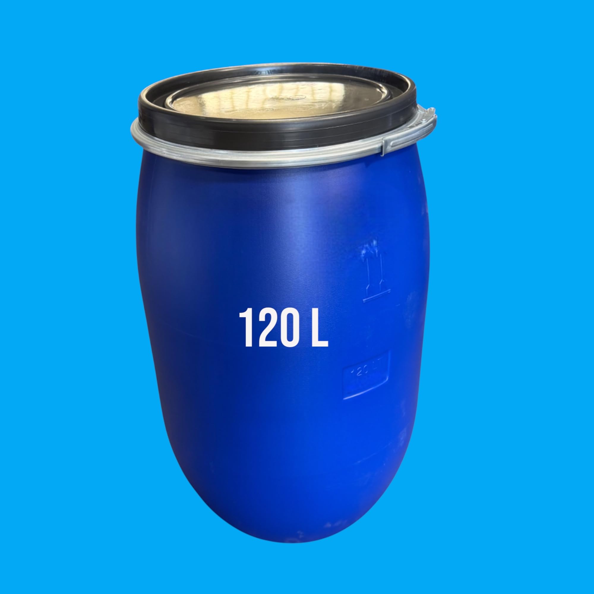 Fut plastique 120 Litres avec Couvercle Hermétique et Poignées - Bidon Ouverture Totale, Conteneur de Stockage Solide pour Liquides, Solides, Déchets