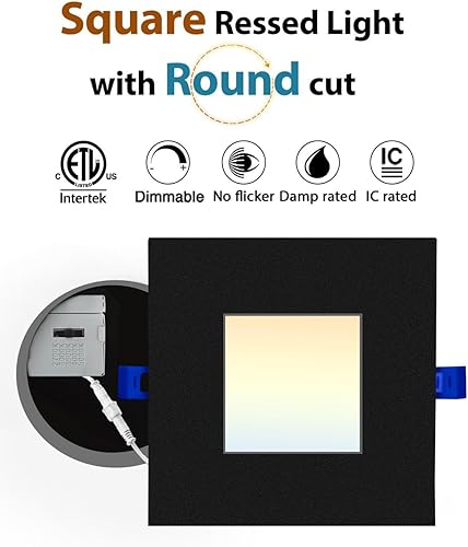 Miniatura 2 de Iluminación LED empotrable cuadrada de 4 pulgadas, color negro, 5CCT ultra fina y cuadrada, luz de techo con caja de conexiones,