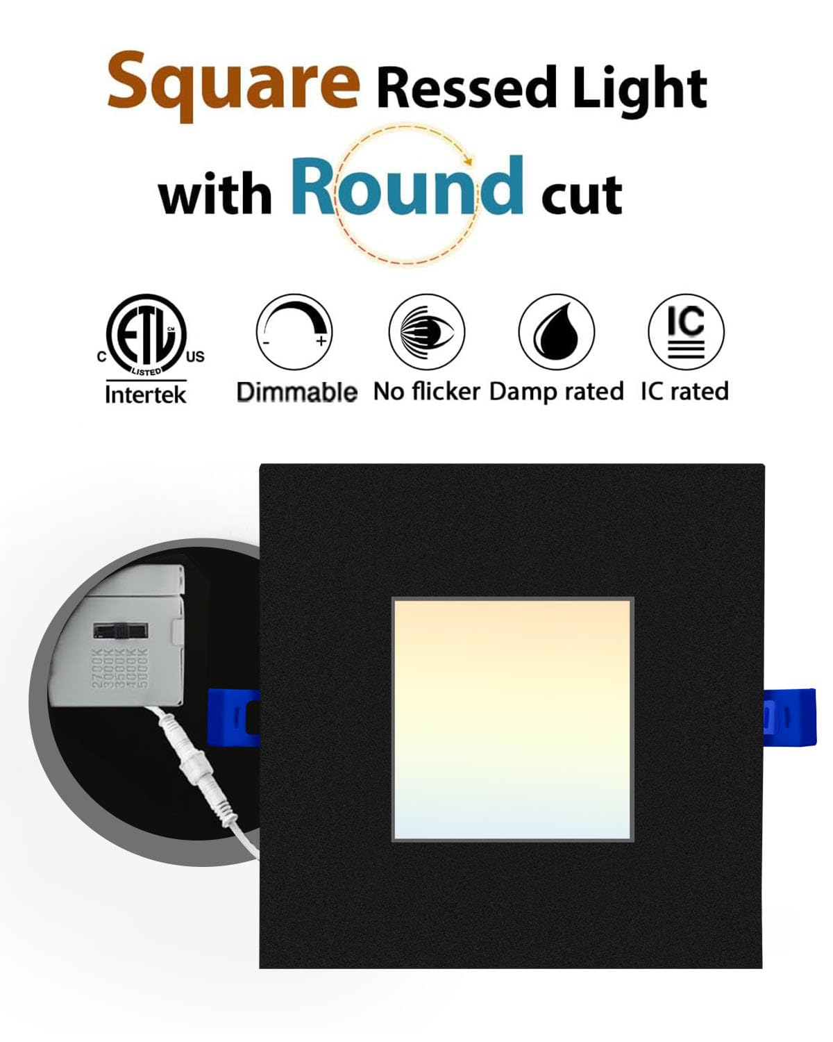 Adetu 2 Inch 5CCT Black LED Recessed Ceiling Light With Junction Box, 2700K /3000K/4000K/5000K Selectable, CRI90, 8W COB, 780LM, Dimmable Canless IP65 Waterproof Downlight-ETL&FCC (Black, 6 Packs - View #5