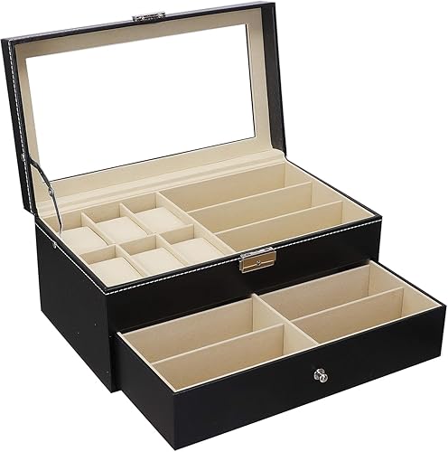 Miniatura 3 de Caja de reloj de cuero y gafas de sol organizador y caja de exhibición de joyas cajón con cerradura organizador negro