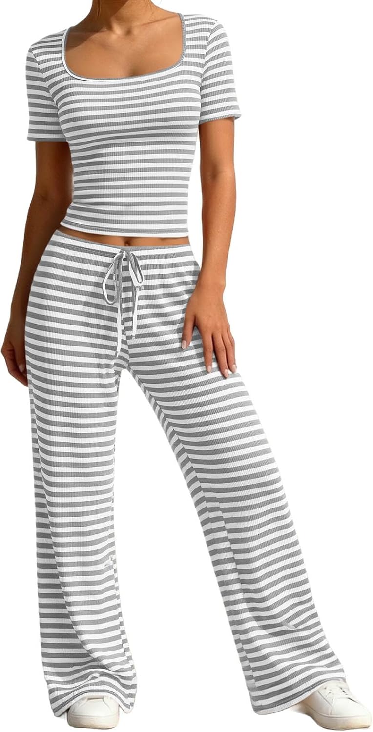 Women’s Fashion Striped Beachwear Sets Tight Short Sleeve Blouses Straight Leg Baggy Casual Stretchy Trousers