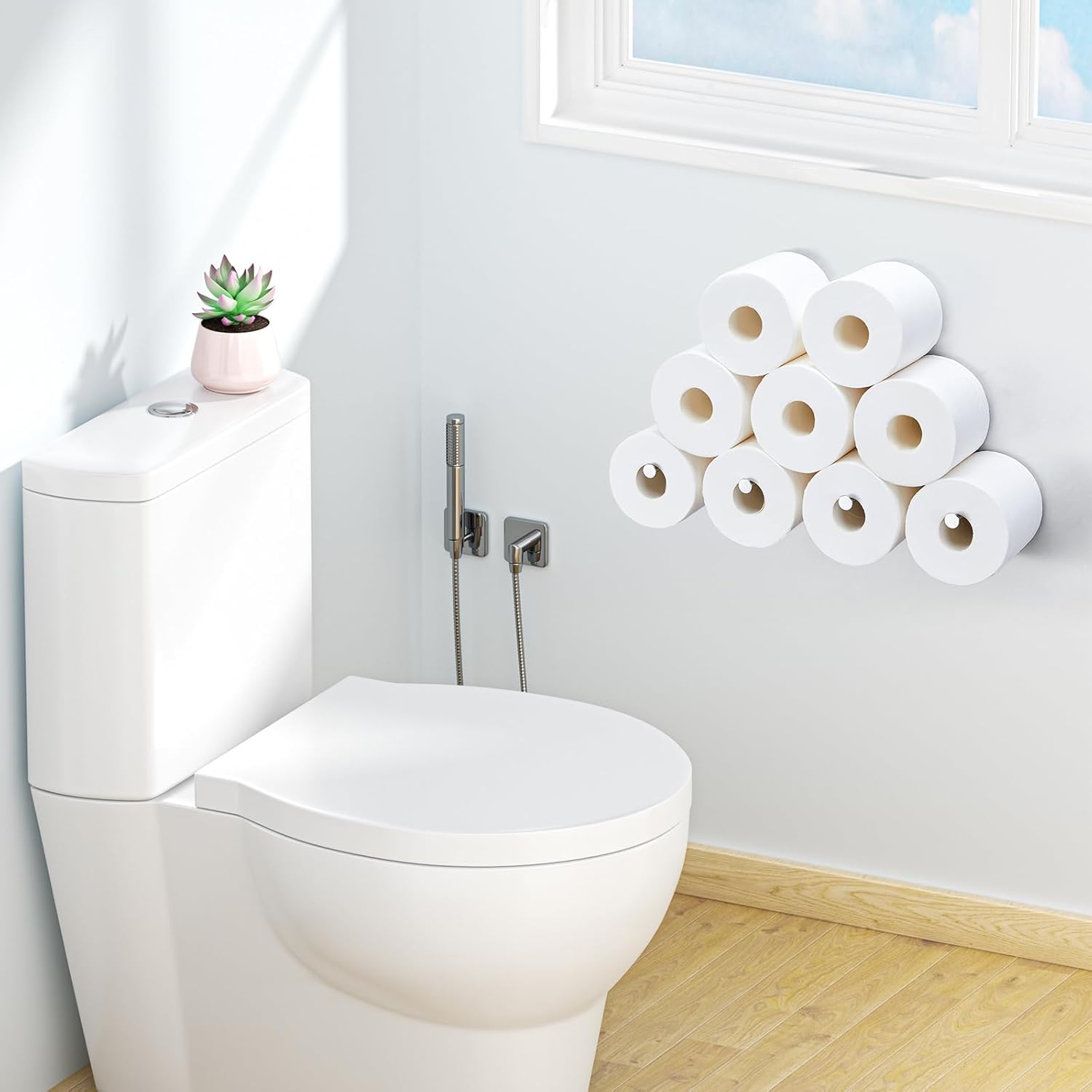 Toilet Paper Holder Wall Mount, Extra Toilet Paper Storage Metal, Modern Toilet Paper Organizer for 10 Rolls, Adhesive Toilet Paper Stand for Bathroom Kitchen Washroom (Sliver)