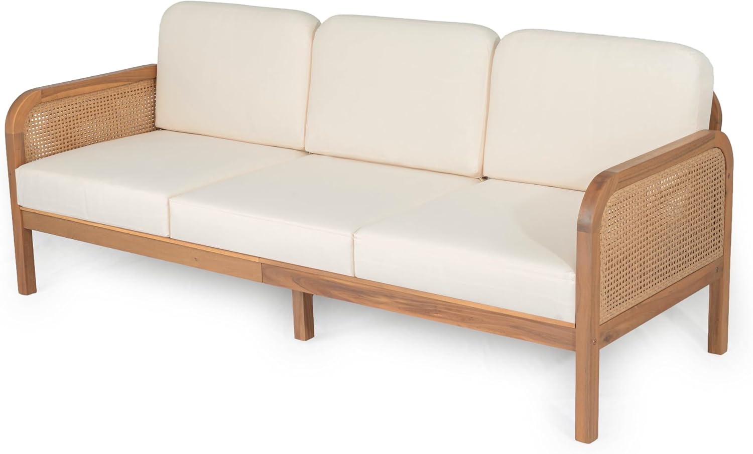 Christopher Knight Home Jidah Acacia Wood Outdoor 3 Seater Sofa with PE Wicker Armrest, Solid Wood Patio Sofa with Removable Cushion, Comfy Lounge Sofa for Patio Furniture Set, Light Teak+Beige