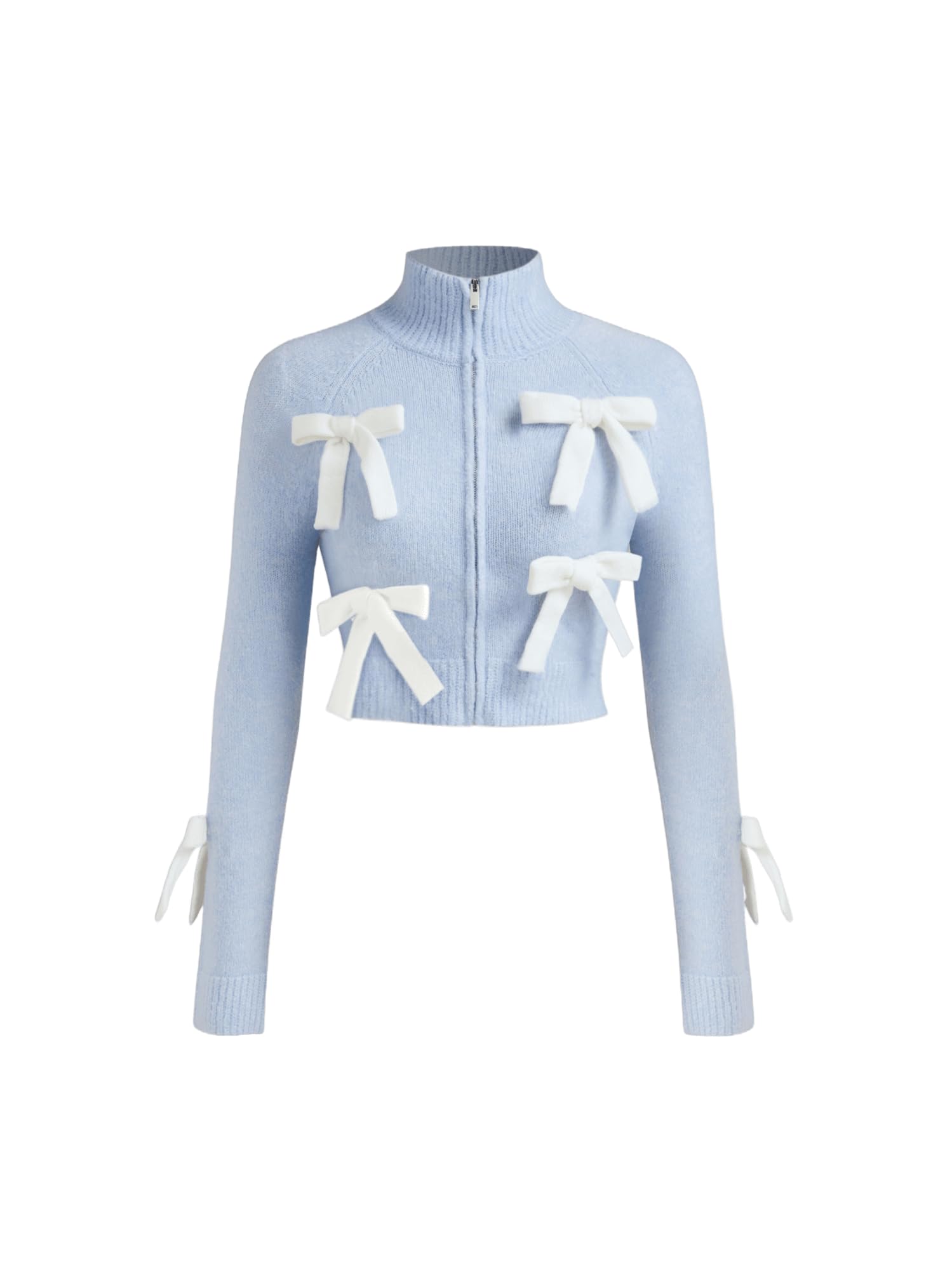 Women’s Bow Knot Cardigan Knit Zip Up Jackets Color Block Mock Turtleneck Long Sleeve Crop Tops Winter Outfit-image-18
