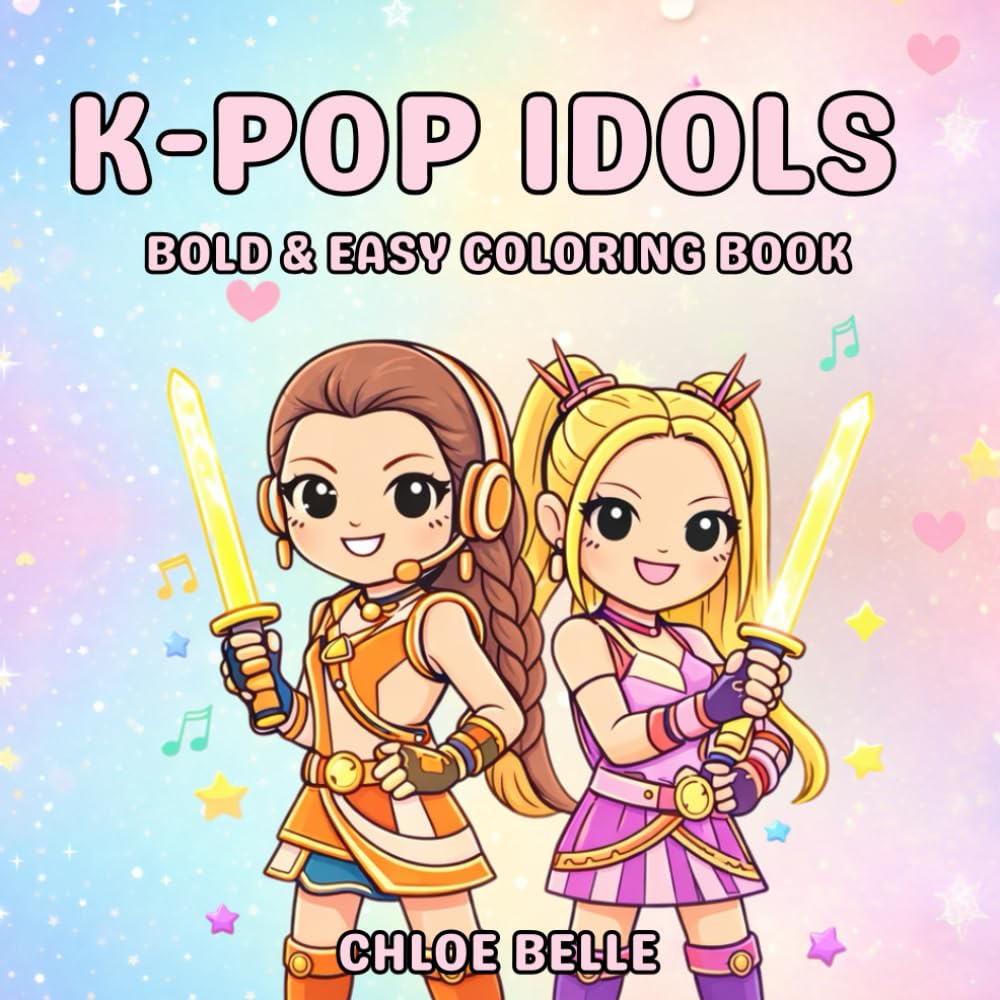 K-Pop Idols: Bold and Easy Coloring Book for Adults and Kids, Simple and Big Designs for Relaxation Featuring Cute Food, Music Icons & K-Pop Aesthetic Fun for Kids, Teens and KPop Fans
