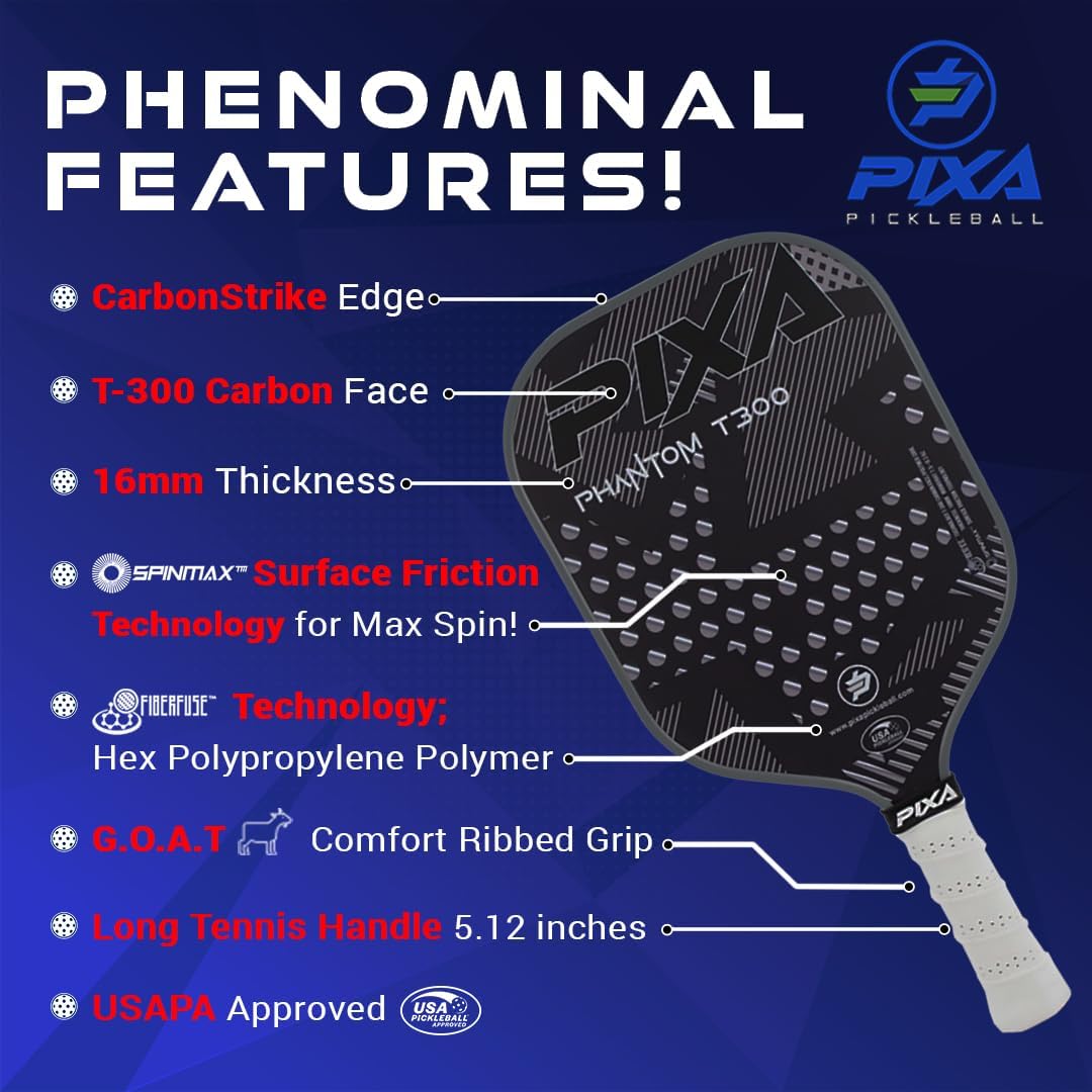 Carbon Fiber Pickleball Paddle Set of 2 – 16mm T300 Textured Surface for Spin & Control – Premium Grip, USAPA Approved – Includes 4 Outdoor Pickleballs, 2 Cooling Towels & Bag – PIXA Phantom Set