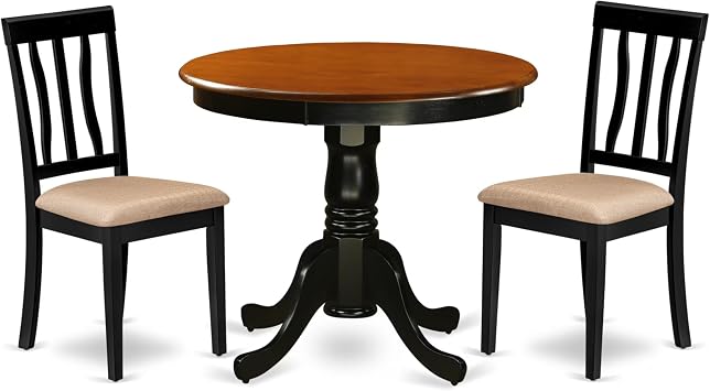 East West Furniture ANTI3-BLK-C 3 Piece Kitchen Table Set for Small Spaces Contains a Round Dining Room Table with Pedestal and 2 Linen Fabric Upholstered Chairs, 36x36 Inch, Black & Cherry