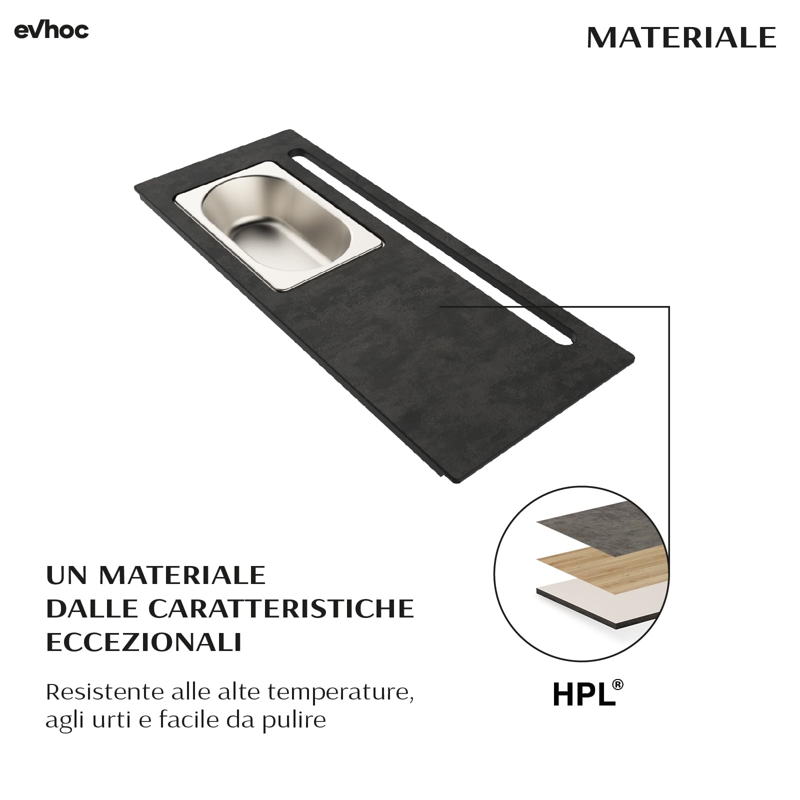 EVHOC Tagliere Hpl per Lavello Cucina, 42x17 cm, Petra, COMPLEMENT PLUS 170 | Tagliere Multifunzione da Appoggio con Vaschetta Acciaio Inox, Made in Italy