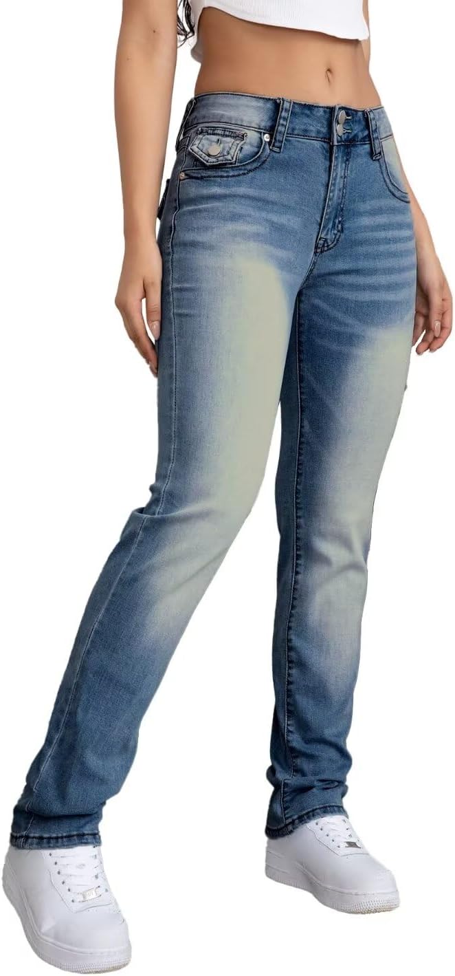 Flamingals Bootcut Jeans for Women Stretchy Mid Rise Double Button Wash Solid 90s Straight Leg Jeans