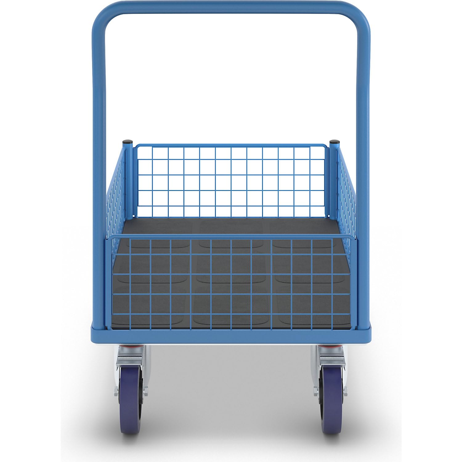 eurokraft pro | Plattformwagen mit Gitterwänden | Vollelastik-Rollen, 4 halbhohe Gitter, LxB 1000 x 650 mm
