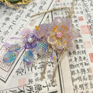 Purple Camellia Flower Pearl Tassels Chinese Hanfu and Style Retro Flower with Metal Handmade Hair Clip Hair Accessories for Women Girls Long Hair Purple Camellia