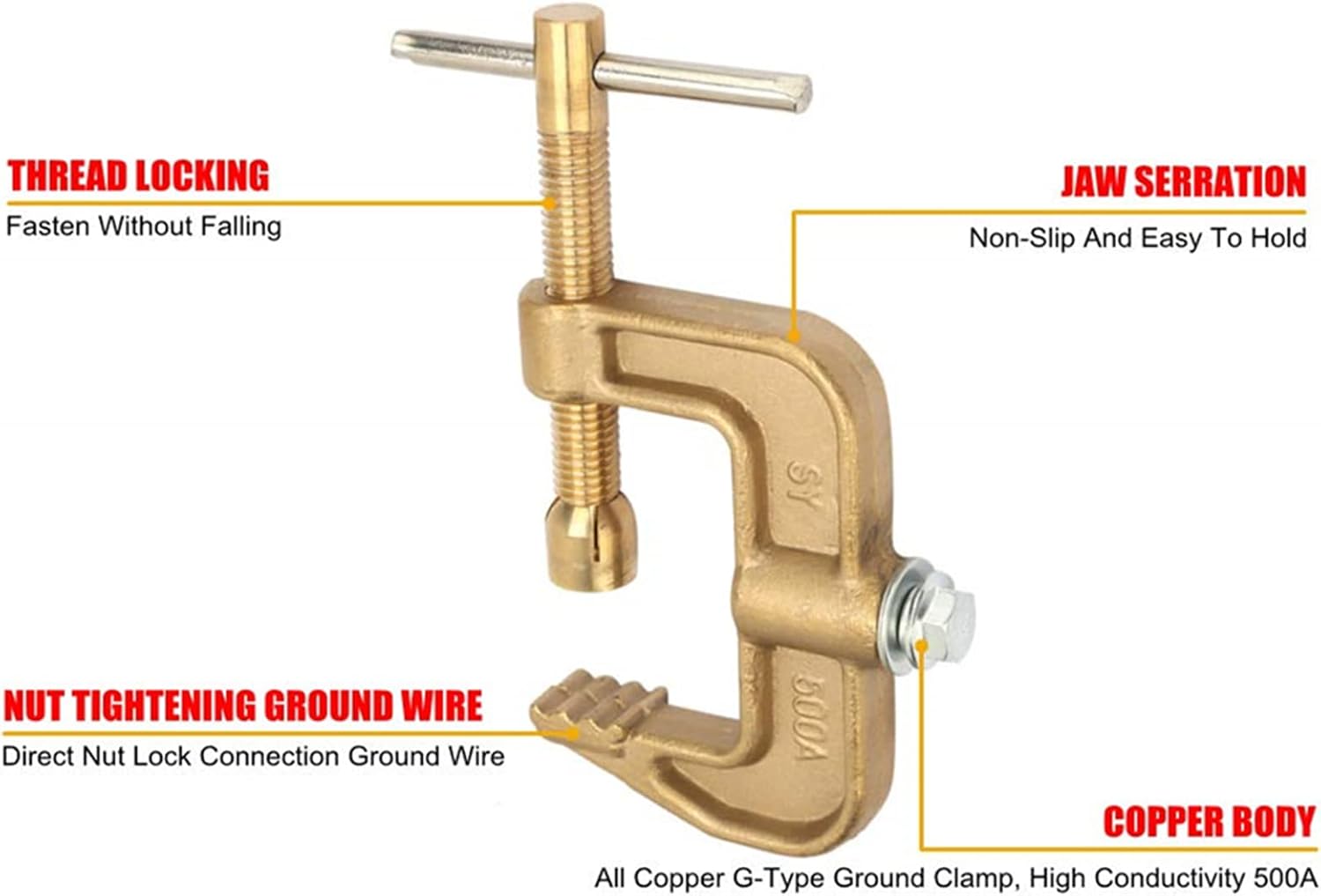 Welding Ground Clamp, 500A G Ground Welding Earth Clamp Brass Welding Clamp with T-Handle for Tig Mig MMA Welding Machines