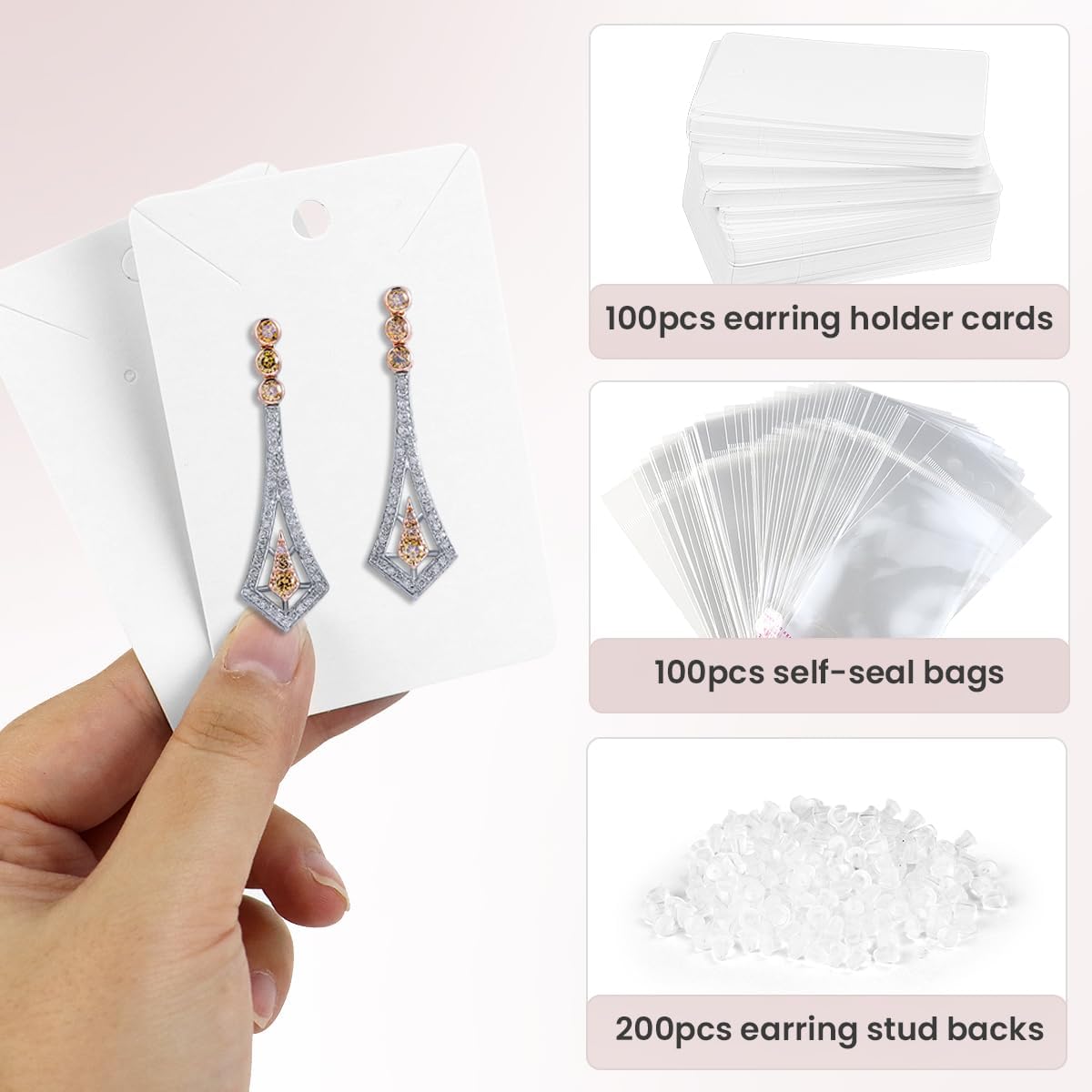 yuntop 100 Pcs Earring Cards with 100Pcs Self Adhesive Bags for Earrings Jewelry Display and 200 Pcs Earring Backs, Earring Display Holder Cards 3.5x2.4 Inches Earring Card Holder Set (White)