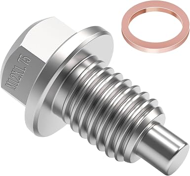 M12 x 1.75 Magnetic Oil Drain Plug, Stainless Steel Oil Drain Plug Sump Drain Nut Bolt with Copper Gasket Crush Washer Replacement for M121.75 Models