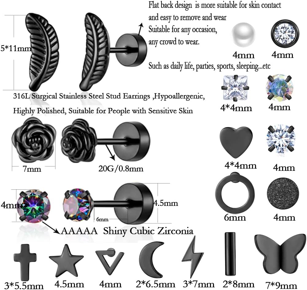 18 Pairs Samll Stud Earrings for Women Men 316L Surgical Stainless Steel Hypoallergenic Flatback Earrings Cubic Zirconia Earring Studs for Gilr,Black Silver Gold 20G Earrings for Cartilage Tragus Helix Lobe Conch Piercing Jewelry - Image 2