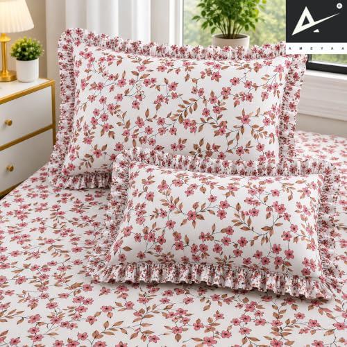 Image of 320 TC Premium Soft Cotton Feel Microfiber Elastic Fitted Bedsheet King Size (72 x 78 x 8 Inch) with 2 Frill Pillow Covers | All Around Elastic Double Bed Sheet | Pink