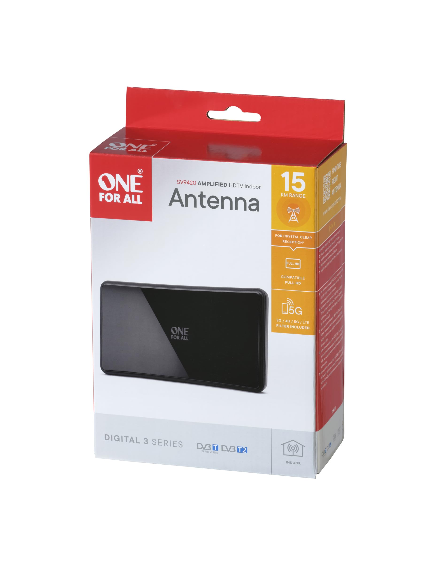 Antena cyfrowa wewnętrzna One For All SV9420, średnia, seria 3 (0-15 km / 0-9 mil), czarna