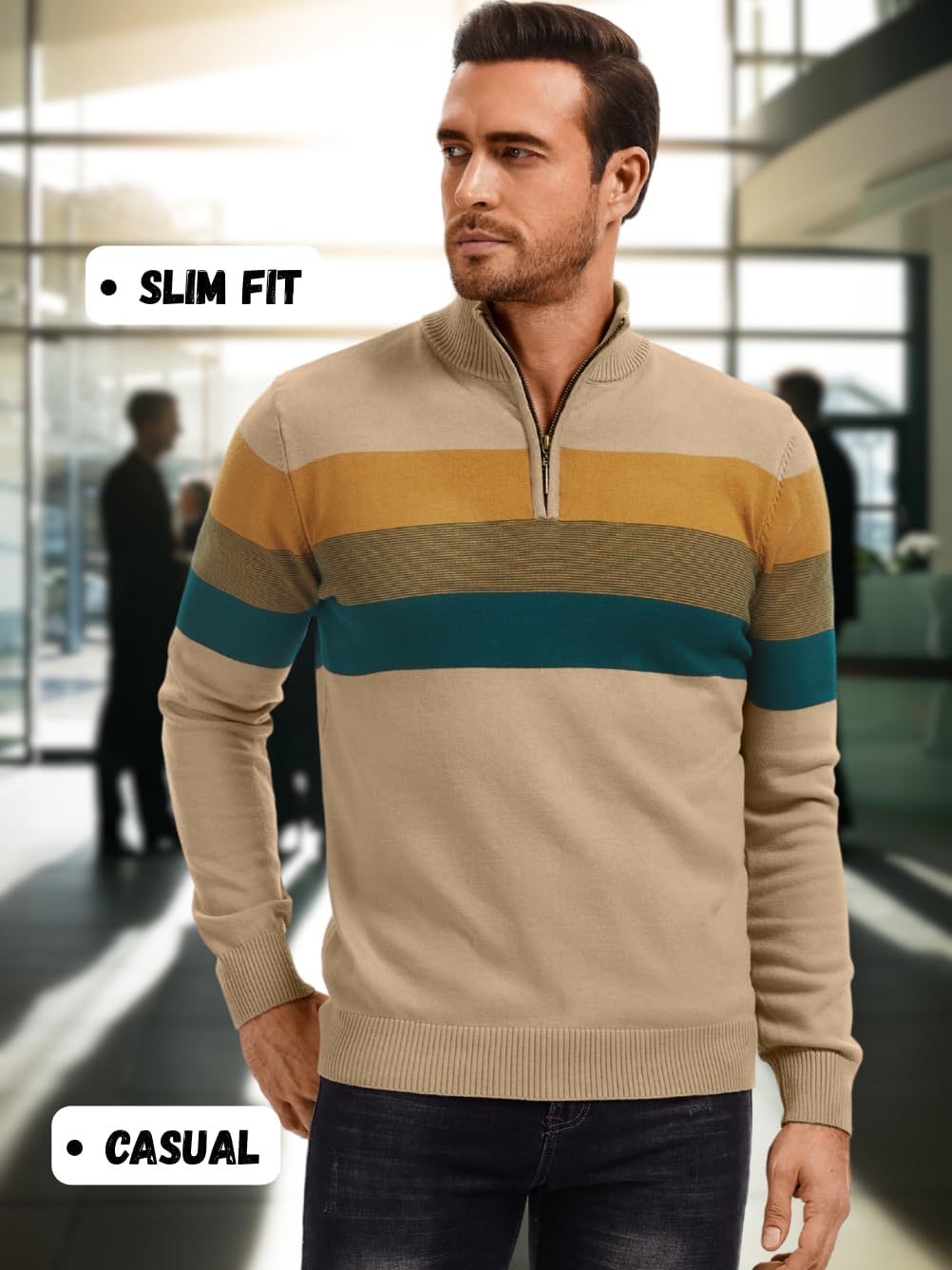 Mens Quarter Zip Sweater, Striped Long Sleeve Turtle Neck 1/4 Zip Pullover Golf Sweatshirt, Fall Winter Casual Outfit - Image 6