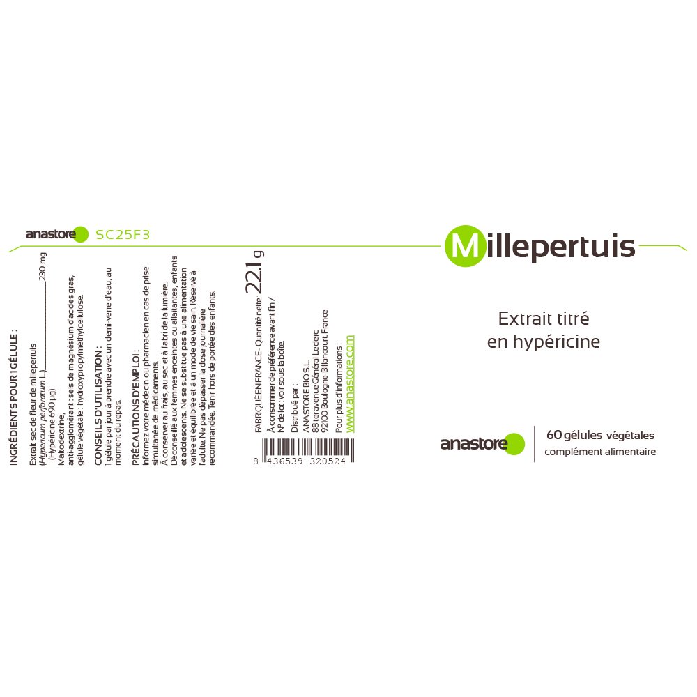 MILLEPERTUIS * PACK DE 4 * 240 gélules * Extrait Titré en Hypéricine *Cerveau, Digestion (troubles gastro-intestinaux), Équilibre émotionnel.