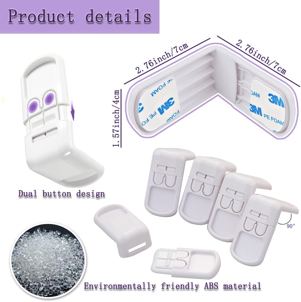 4 Pcs Safe Drawer Locks, Update Child Proof Cupboard Locks, Dual-button Baby Proofing Corner Locks with Strong Adhesive for Cabinet, Cupboard, Drawer, Refrigerator, Oven, Trash