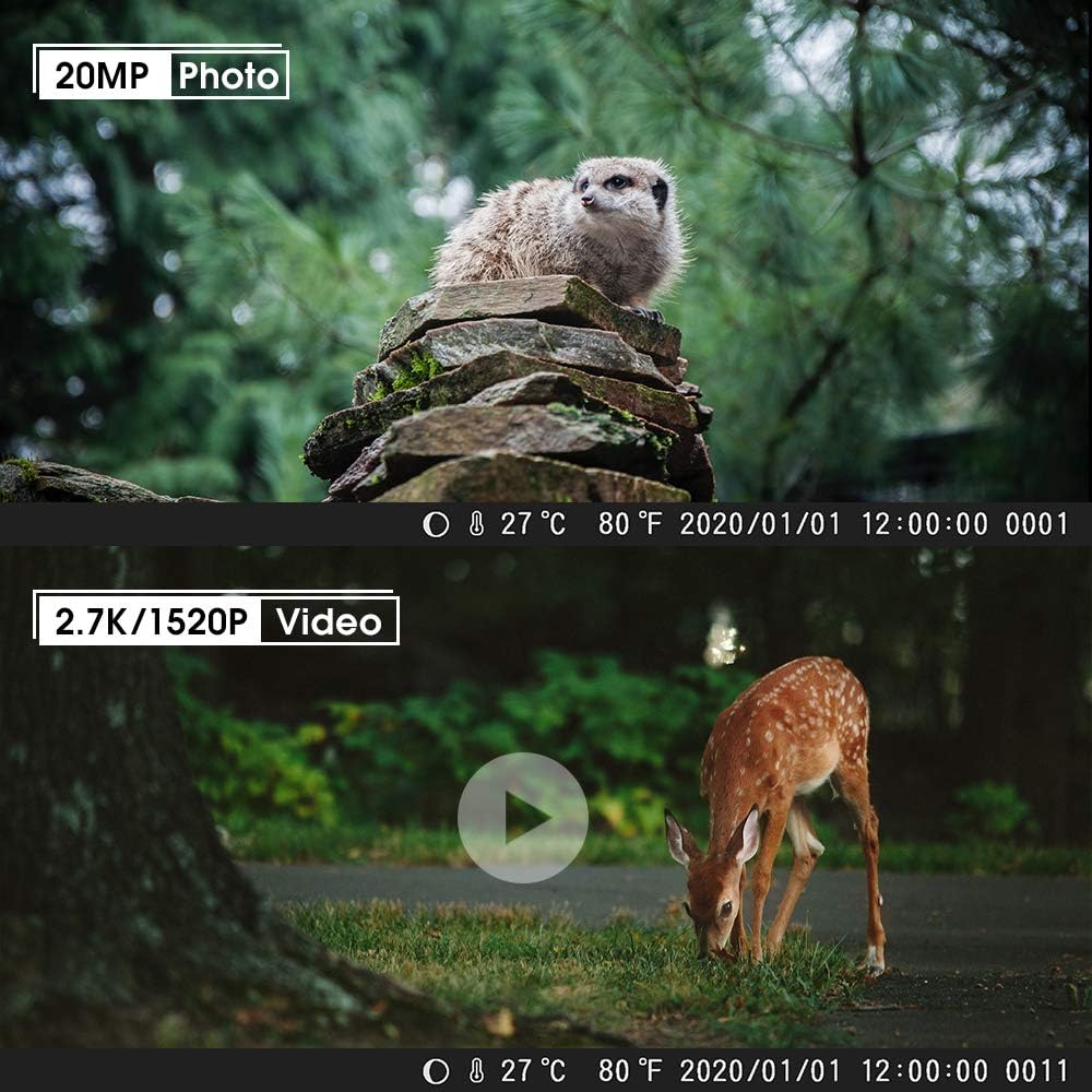 Coolife Trail Game Camera, 2.7K 20MP Hunting Wildlife Camera with 46Pcs IR LEDs Night Vision 0.1S Motion Activated 2.4" LCD IP66 Waterproof, with 32GB Card
