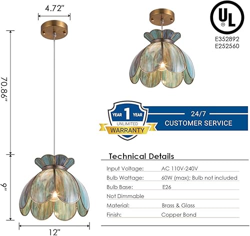 Miniatura 2 de YIFI Art Deco - Lámpara colgante de cristal de loto vintage, lámpara colgante ajustable Tiffany Green Tiffany para cocina, isla, comedor,